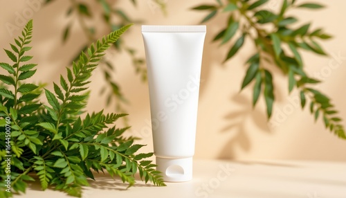 unlabeled hand cream tube mockup with fern, daylight