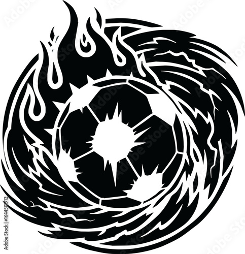A dynamic black and white graphic of a soccer ball engulfed in flames and a powerful swirling motion.