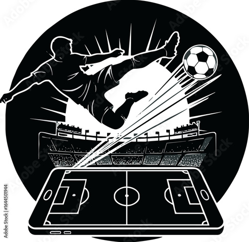 A silhouetted soccer player performs a powerful kick, emerging from a smartphone in front of a stadium.