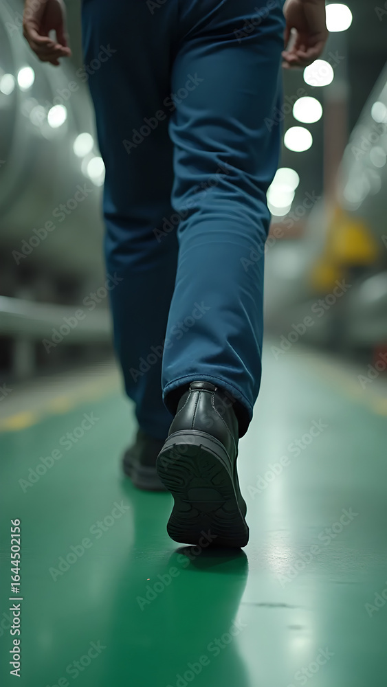 Naklejka premium Close-up of black safety shoes worn by factory workers. Low angle shot. Blurred background of factory machinery, vertical shot.