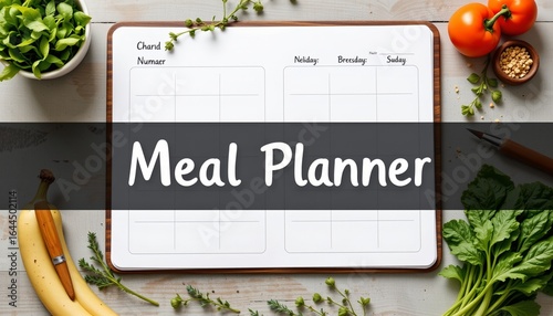blank meal planner mockup with fresh greens, top view