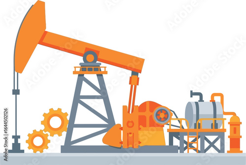 Flat Vector of an Oil Pump Jack with Tank, Gears, and Pipes