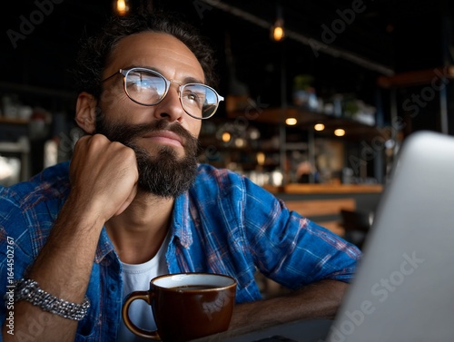 Reflective man with coffee in café