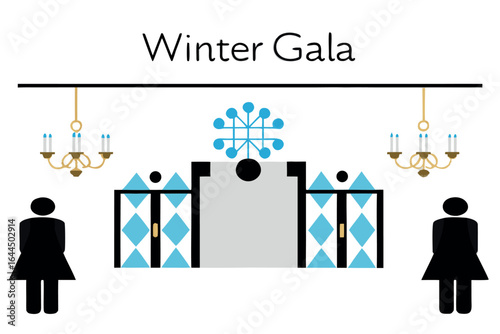 Winter Gala event with chandeliers and stick figures on white background party celebration