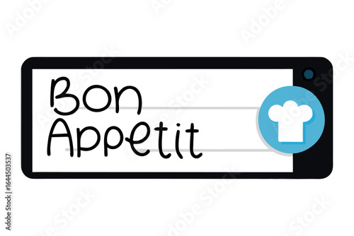 Bon Appetit text with chef hat icon on a tablet screen lettering french