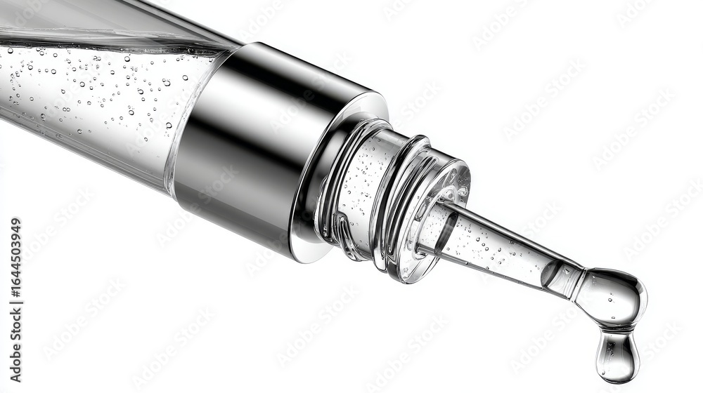 Fototapeta premium A dropper releasing clear essential oil onto a white isolated background