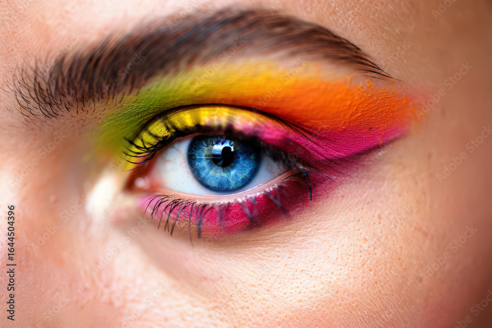 Obraz premium Close-Up of a Woman's Eye with Bold and Colorful Eyeshadow, Creating a Striking and Artistic Look, Showcasing Beauty and Creative Expression