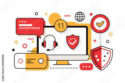 Flat design illustration of customer service and security icons with computer and headset support