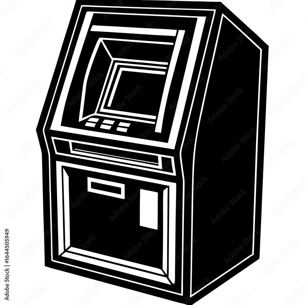 Obraz premium ATM Machine, Monochrome Illustration, Finance, Banking, Technology, Simple Design, Vector Graphic, Isolated, White Background.