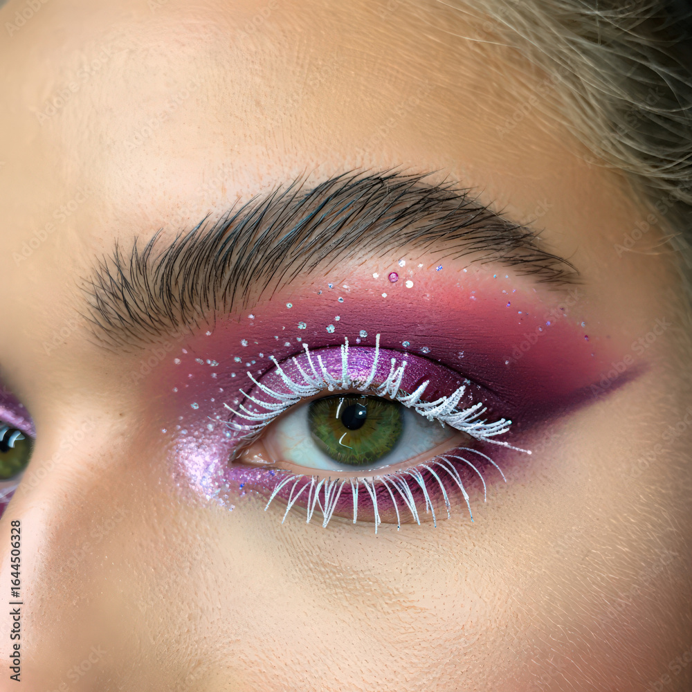 Obraz premium Eye Makeup Artistry A Close Up of a Woman's Eye with Creative Makeup and White Eyelashes, Showcasing Beauty and Artistic Expression in Cosmetic Design