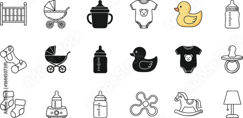 Collection of baby related icons including toys clothing and furniture