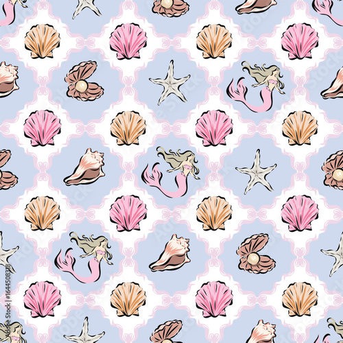 Seamless pattern of mermaid and shell hand drawing and painting with artwork software.The EPS file is vector and can be edited shape, layout and background color.