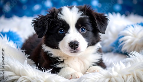 Captivating portrait of a fluffy black and white puppy with piercing blue eyes in studio setup