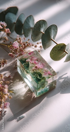 Resin art paperweight with flowers, sunlight, minimalist setting
