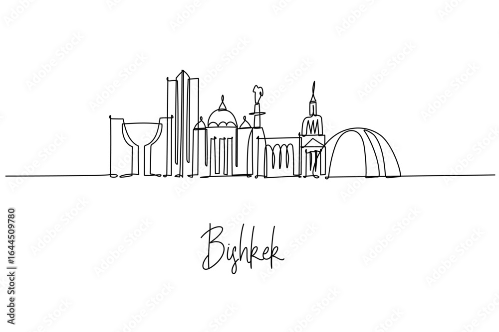 Obraz premium Bishkek Kyrgyzstan city skyline in a continuous line drawing with Ala Too Square Victory Square State History Museum and towers, a city skyline concept themed for travel posters and minimalist decor.