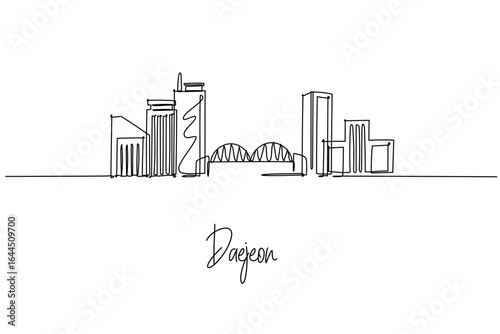 Daejeon South Korea skyline in a single line drawing featuring Expo Bridge Daejeon Convention Center and Hanbat Arboretum, a skyline concept themed for travel posters minimalist decor and wall art.