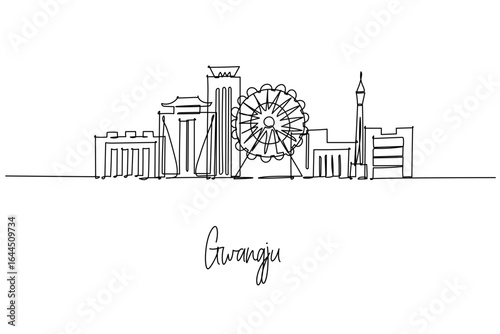 Gwangju South Korea city skyline in a single line drawing with Asia Culture Center World Cup Stadium and ferris wheel, a skyline concept themed for travel posters minimalist decor and modern wall art.
