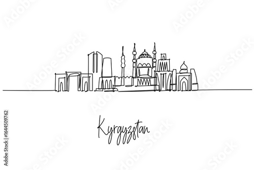 Elegant Bishkek Kyrgyzstan city skyline in a single line drawing with national monuments towers and domes, a city skyline concept themed for travel posters souvenirs and modern minimalist decor.