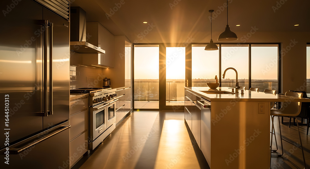 Fototapeta premium Modern Kitchen Interior with Stainless Steel Appliances and Island at Sunset.