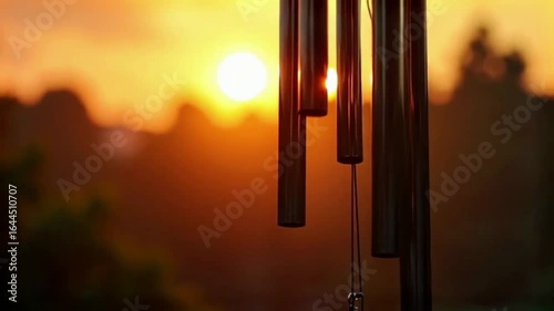 Wind chimes swaying gently in sunset light with rhythmic metal clinks