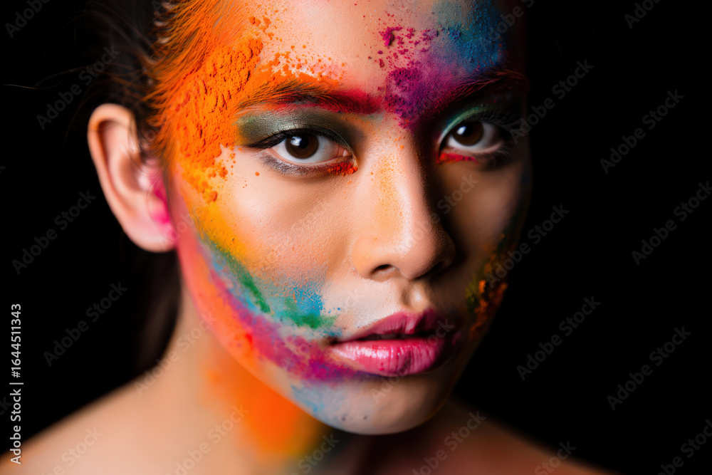 Obraz premium Artistic Portrait of a Woman with Vibrant Face Paint in a Spectrum of Colors Creating a Bold and Expressive Statement for Beauty and Creative Expression