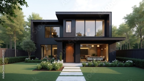 Modern house with dark exterior and landscaped yard.