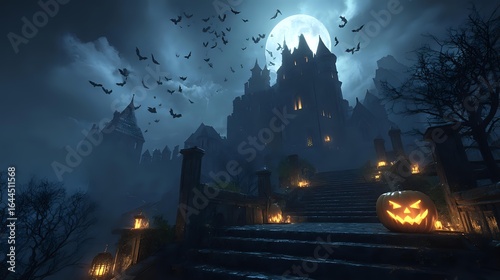 Haunted castle glowing faintly under moonlight, large pumpkin glowing on stone steps, swirling mist and flying bats in the darkened sky