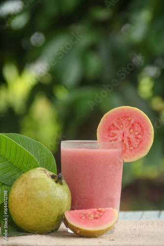 Guava juice or Psidium Guajava in a glass and garnished with whole and sliced guava on the table with a natural background of green leaves