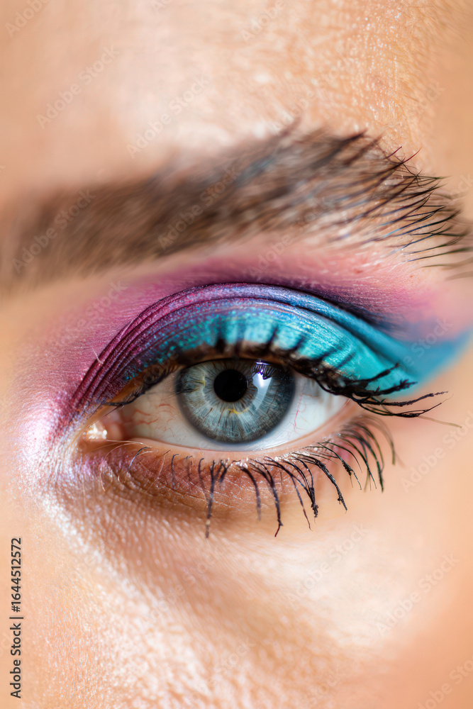 Fototapeta premium Close-Up of a Woman's Eye with Bold Blue and Pink Eyeshadow, Showcasing Dramatic Makeup and Intense Color for a Striking Beauty Statement