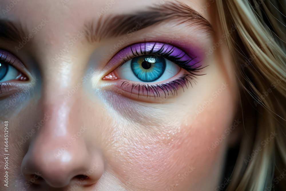Fototapeta premium Captivating Eye Close Up A Mesmerizing Gaze Enhanced with Subtle Purple Eyeshadow and Flawless Skin A Study in Beauty and Detail A Stunning Visual