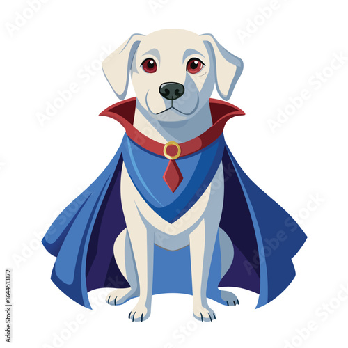 Cartoon white labrador dog wearing a blue superhero cape and red collar puppy cute