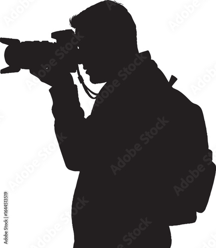 Black Vector Silhouette of Man Taking Photo with Professional Camera and Backpack