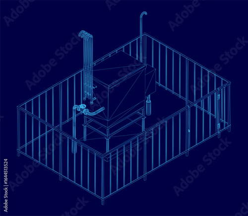 A 3D wireframe model of a gas distribution station with intricate metal pipes and structural details. The blue background highlights the industrial design.