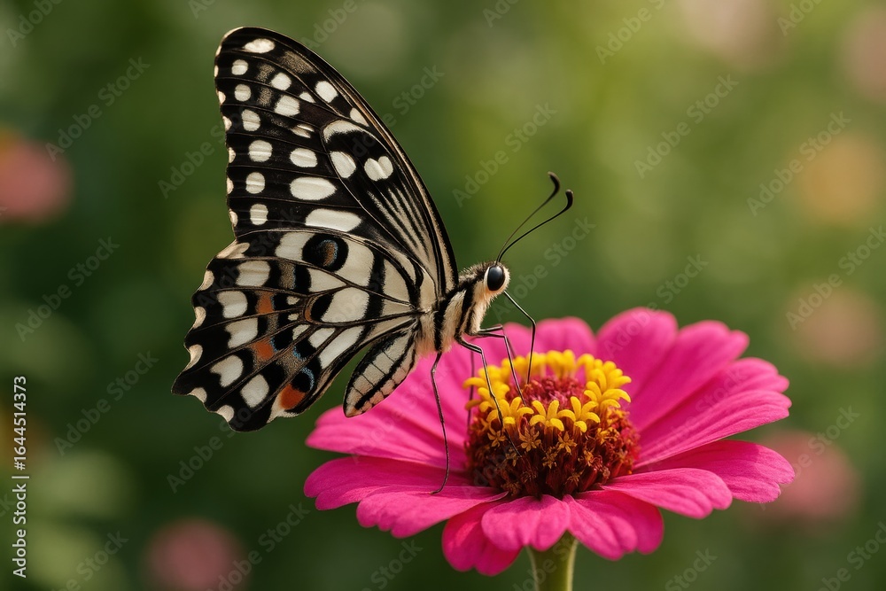 A Butterfly's Embrace: A vibrant butterfly rests gently on a vivid pink flower, showcasing nature's intricate beauty and the delicate balance of life. A Butterfly's Embrace: A vibrant butterfly rests gently on a vivid pink flower, showcasing nature's intricate beauty and the delicate balance of life.