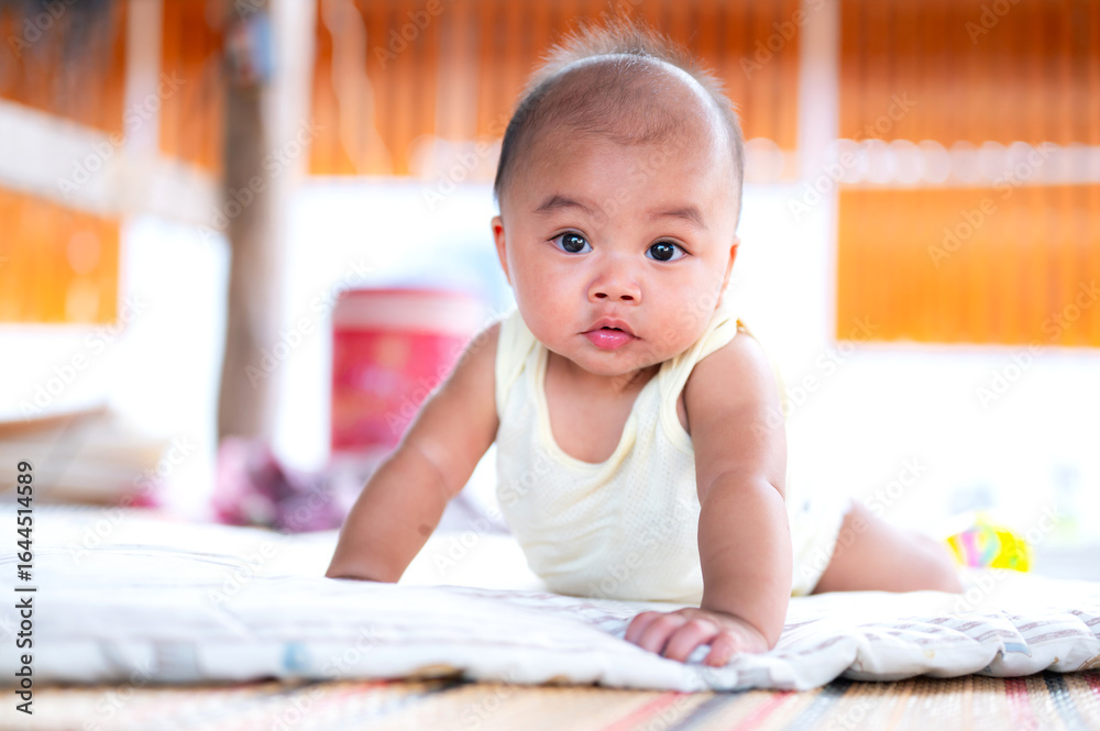 Cute Asian baby looking at the camera.Cute baby pose in room. Cute Asian baby looking at the camera.Cute baby pose in room.