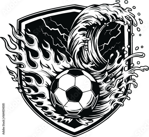 A dynamic black and white sports emblem featuring a soccer ball engulfed by flames and a crashing wave, set against a shield with lightning bolts.