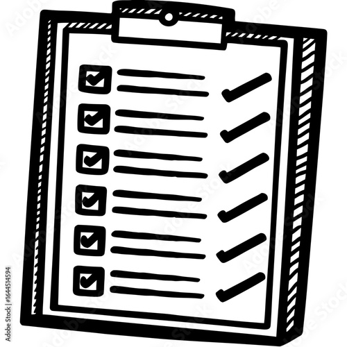 Vector art of handdrawn black and white illustration of a clipboard with a checklist and several items marked with checkmarks, isolated on white background