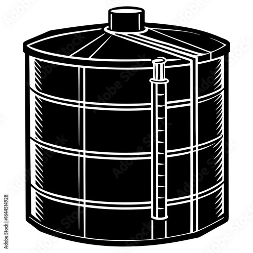 Vector art of industrial storage tank with gauge, symbolizing liquid or fuel containment and measurement, isolated on white background