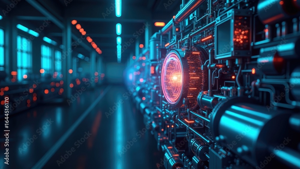 Obraz premium Futuristic factory wall with glowing technological components.