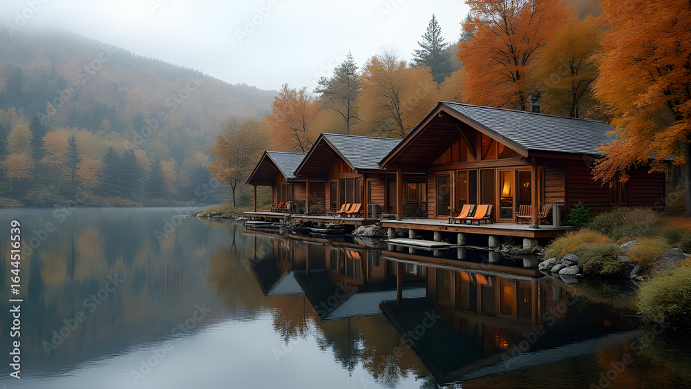 Fototapeta premium Tranquil Lakeside Village of Rustic Brown Wooden Cabins Reflected in Calm Autumnal Waters Surrounded by Misty Foggy Mountains and Golden Fall Foliage