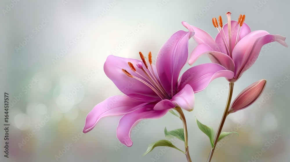 Fototapeta premium Pink lily flowers are set against a blurred light background