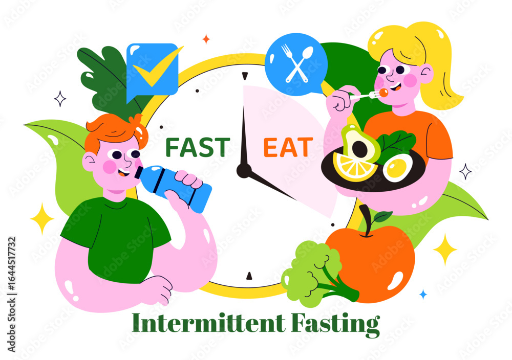 Naklejka premium Intermittent Fasting Vector Illustration featuring a Clock Face Symbolizing the Principle of Eating Time and Exercise in a Dieting Flat Background