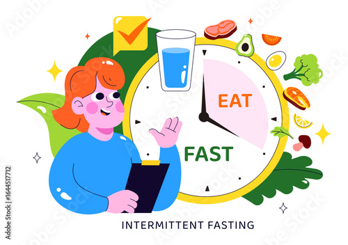 Intermittent Fasting Vector Illustration featuring a Clock Face Symbolizing the Principle of Eating Time and Exercise in a Dieting Flat Background