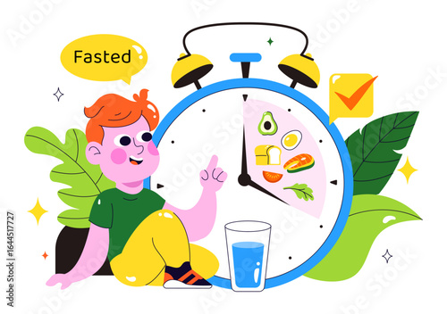 Intermittent Fasting Vector Illustration featuring a Clock Face Symbolizing the Principle of Eating Time and Exercise in a Dieting Flat Background