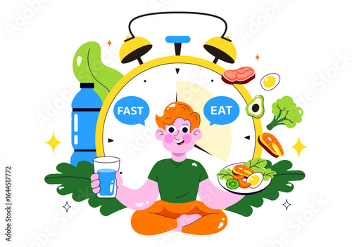 Intermittent Fasting Vector Illustration featuring a Clock Face Symbolizing the Principle of Eating Time and Exercise in a Dieting Flat Background