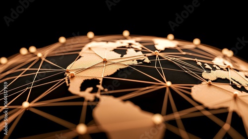 Fototapeta Naklejka Na Ścianę i Meble -  A golden-toned world map is interconnected with nodes and lines, set against a dark background, representing global connections or a network.