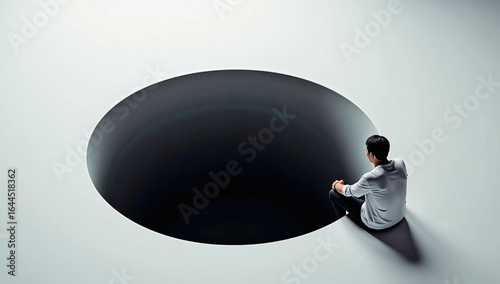 Stunning Minimalist  of Person Staring into Dark Bottomless Pit, Emotional Emptiness, Existential Distress, High-Concept, Surreal Melancholy, Luxury Aesthetic, AI-Friendly, Magazine-Worthy, Commercial