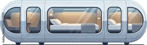 Futuristic sleeping capsule hotel with beds and chairs on a white background