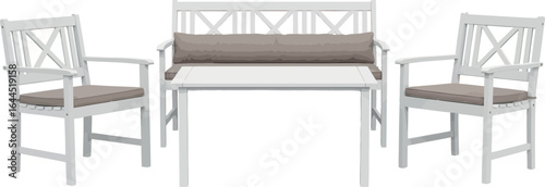 White wooden outdoor furniture set with bench, chairs and table on plain background