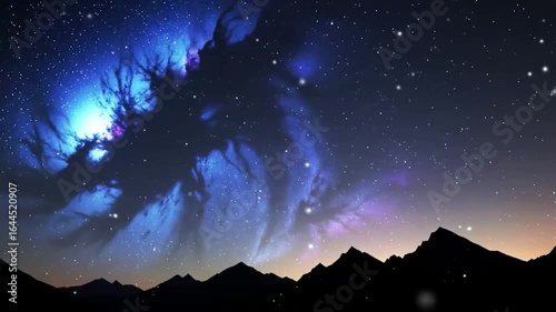 Spectacular Night Sky over Mountain Range with Blue and Violet Nebula Filled with Bright Stars and Clouds of Cosmic Dust
